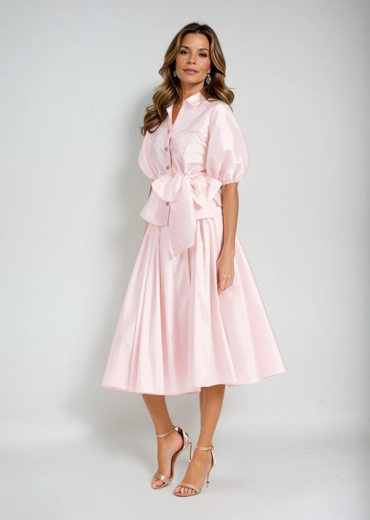TEA LENGTH PLEATED SOFT TAFFETA MIDI SKIRT BLUSH