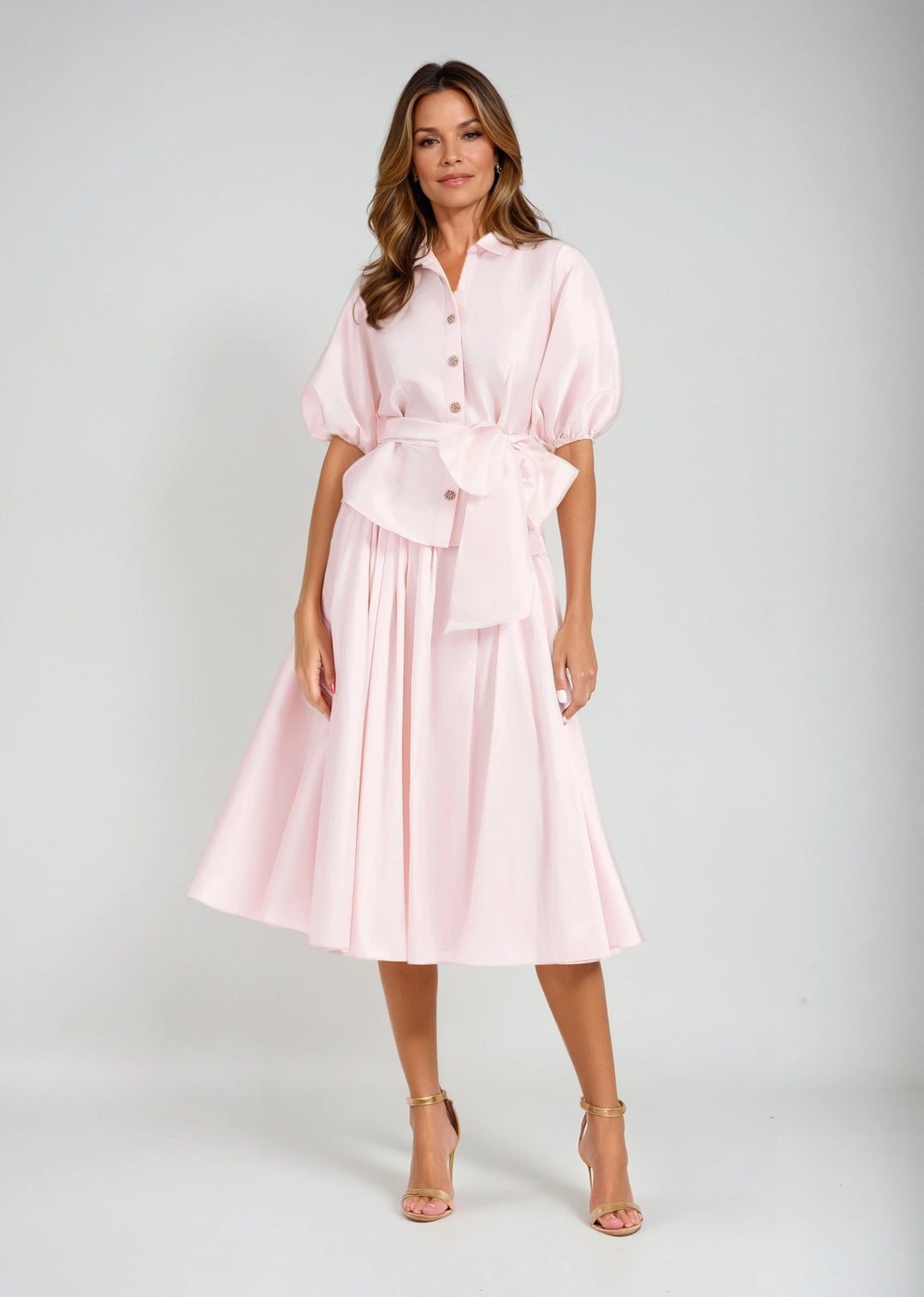 TEA LENGTH PLEATED SOFT TAFFETA MIDI SKIRT BLUSH