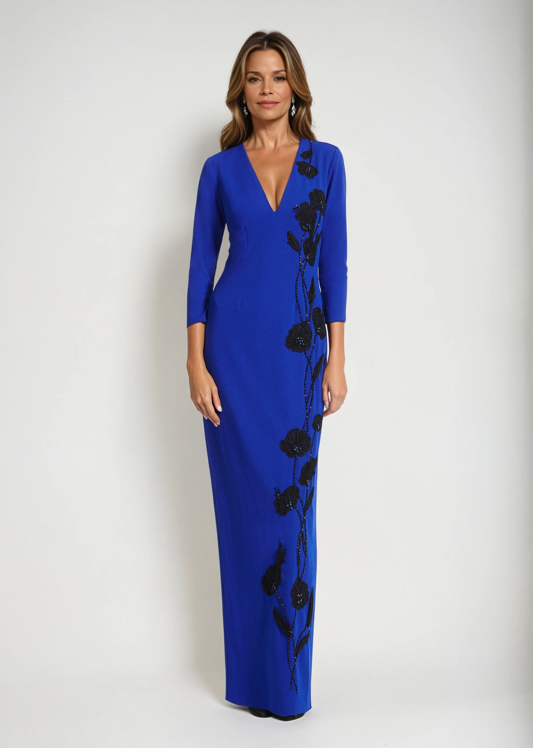 STRETCH CREPE VNECK GOWN WITH APPLIQUE FLOWERS ROYAL