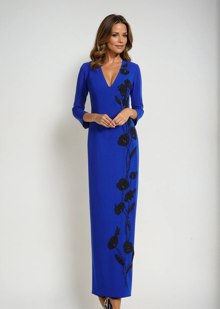 STRETCH CREPE VNECK GOWN WITH APPLIQUE FLOWERS ROYAL