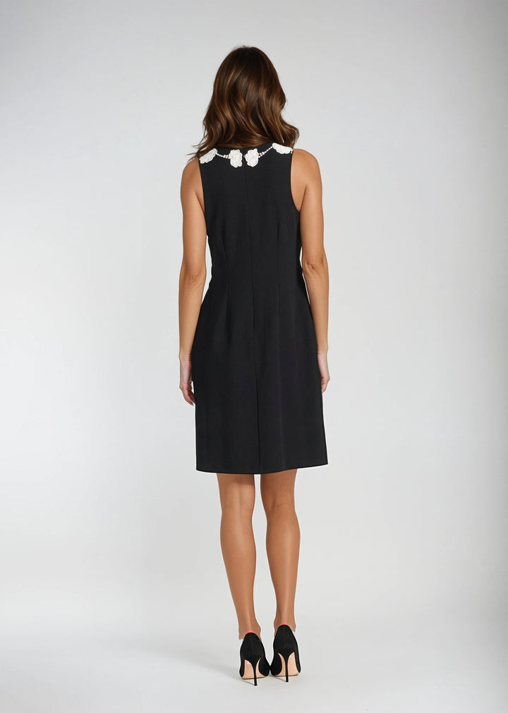 STRETCH CREPE SHIFT DRESS WITH APPLIQUE FLOWERS AND VINE