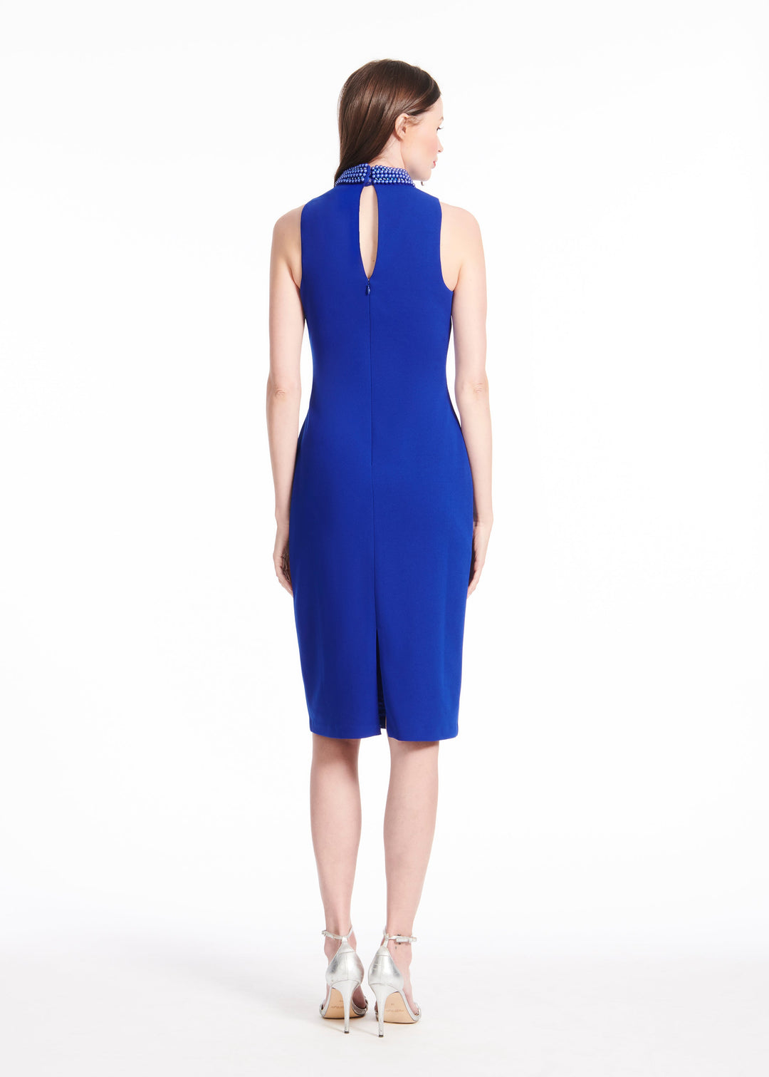 STRETCH CREPE MOCK NECK DRESS WITH LAPIS CRYSTAL BEADING ROYAL