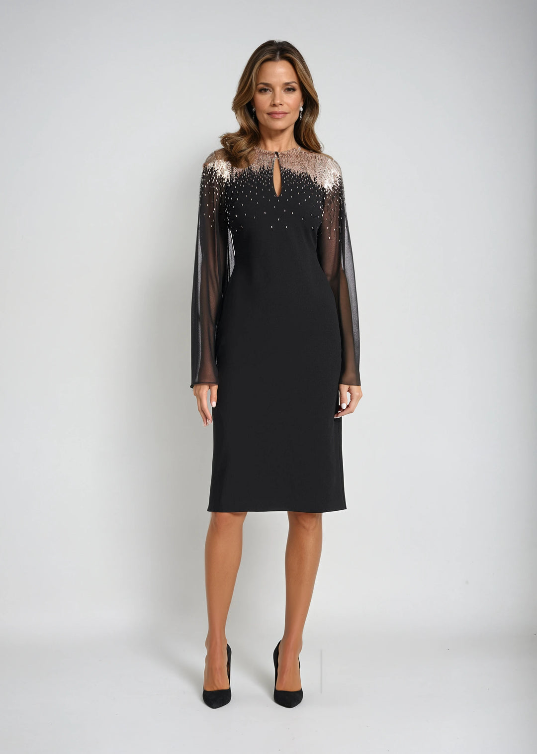 STRETCH CREPE DRESS WITH CHIFFON SLEEVES AND NIGHT SKY BEADING
