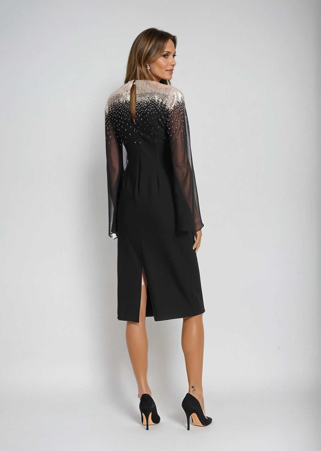 STRETCH CREPE DRESS WITH CHIFFON SLEEVES AND NIGHT SKY BEADING