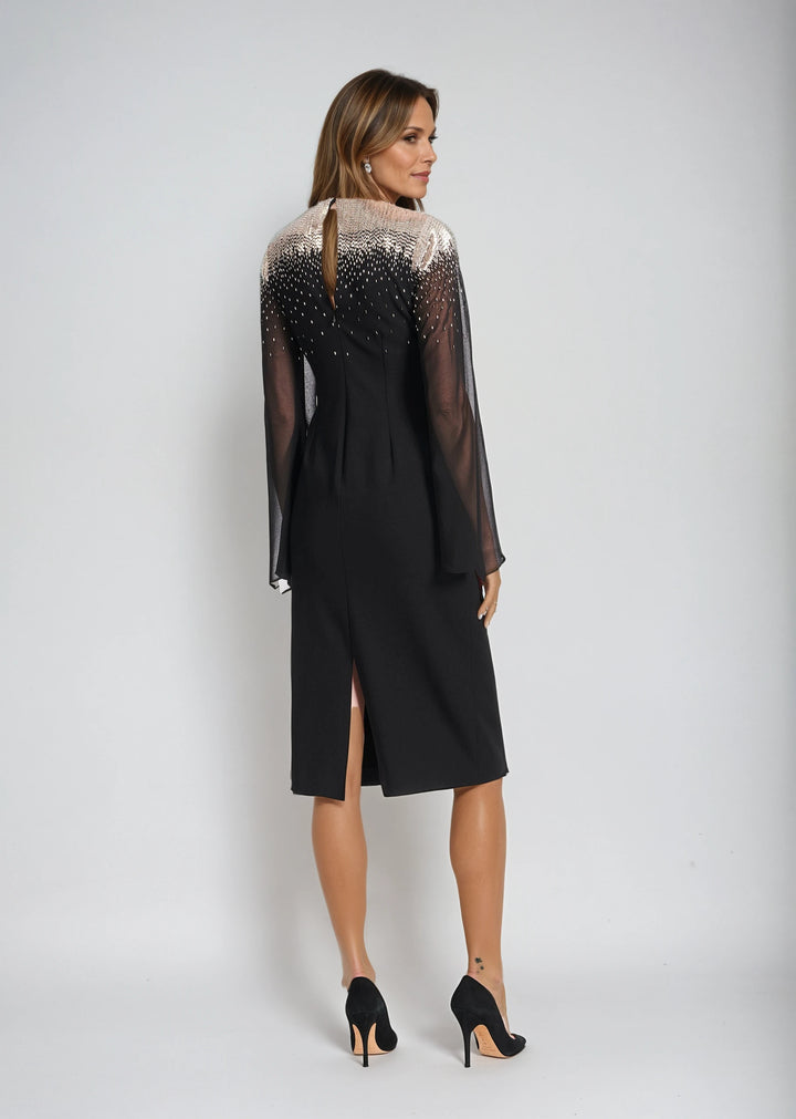 STRETCH CREPE DRESS WITH CHIFFON SLEEVES AND NIGHT SKY BEADING