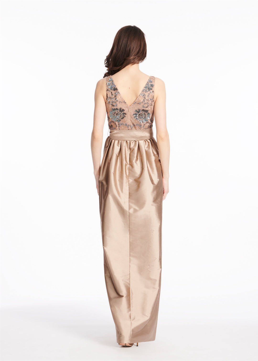 SEQUINED LACE GOWN WITH TAFFETA SKIRT SUNTAN
