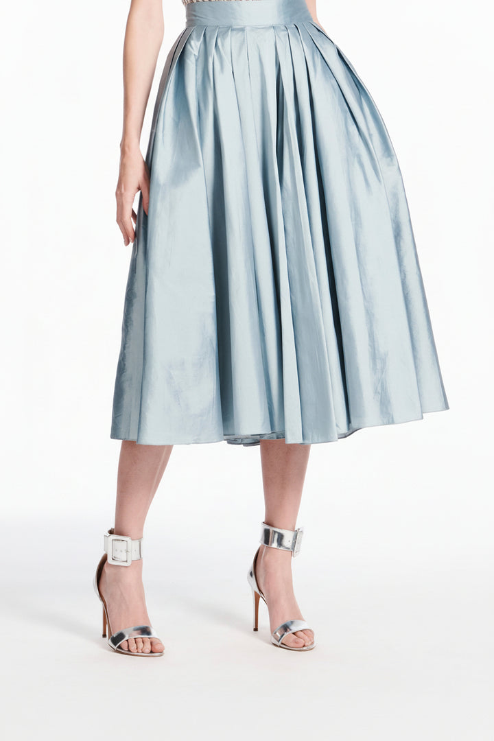 TEA LENGTH PLEATED SOFT TAFFETA MIDI SKIRT LIGHT BLUE