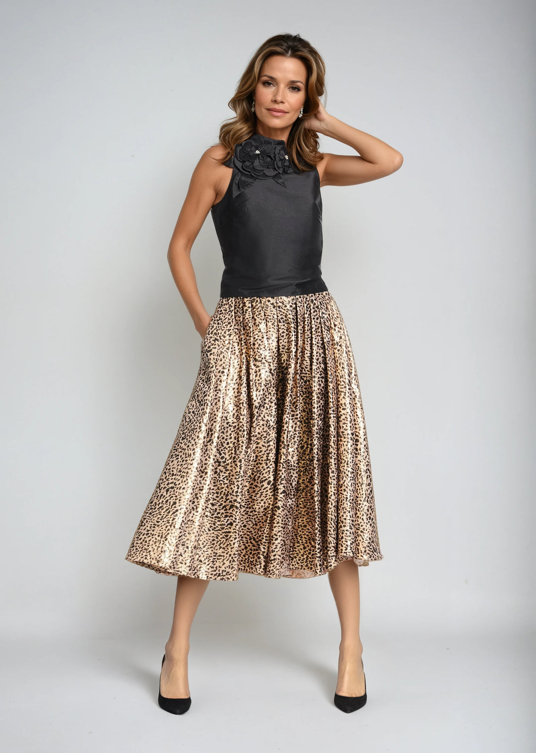 TAFFETA SHELL WITH APPLIQUE FLOWERS BLACK