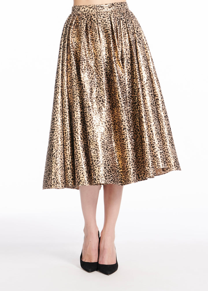 ANIMAL PRINT METALLIC JACQUARD TEA LENGTH SKIRT