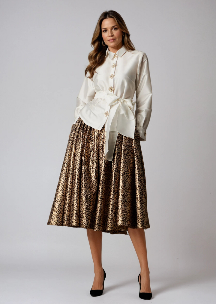 ANIMAL PRINT METALLIC JACQUARD TEA LENGTH SKIRT
