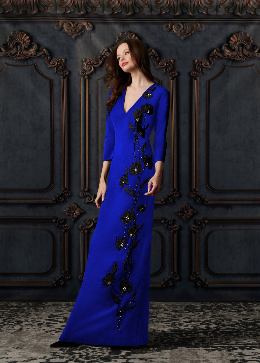 STRETCH CREPE VNECK GOWN WITH APPLIQUE FLOWERS ROYAL