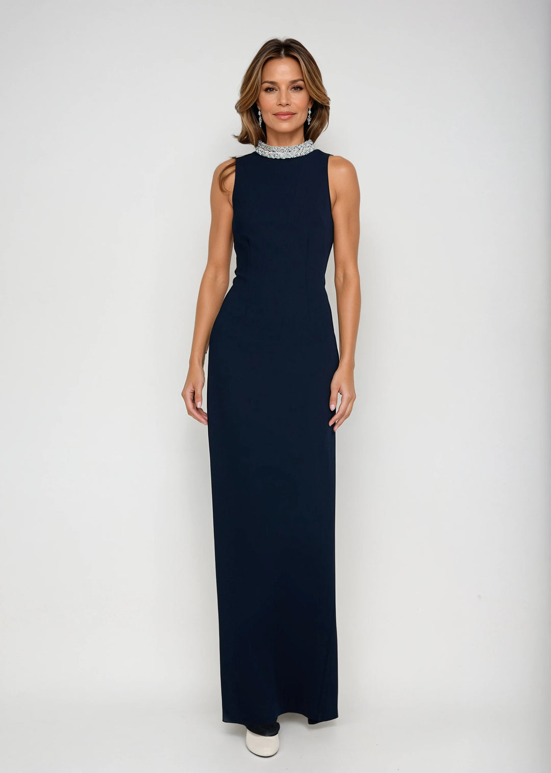 BRAIDED CRYSTAL MOCK NECK STRETCH CREPE GOWN MIDNIGHT