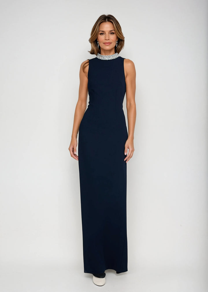 BRAIDED CRYSTAL MOCK NECK STRETCH CREPE GOWN MIDNIGHT