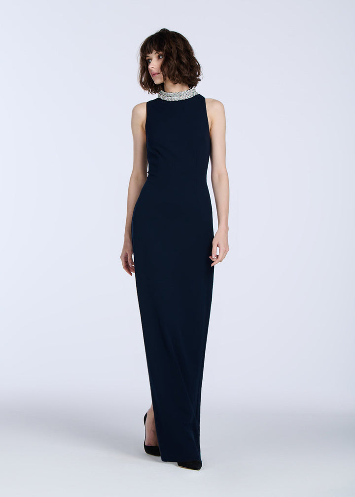BRAIDED CRYSTAL MOCK NECK STRETCH CREPE GOWN MIDNIGHT