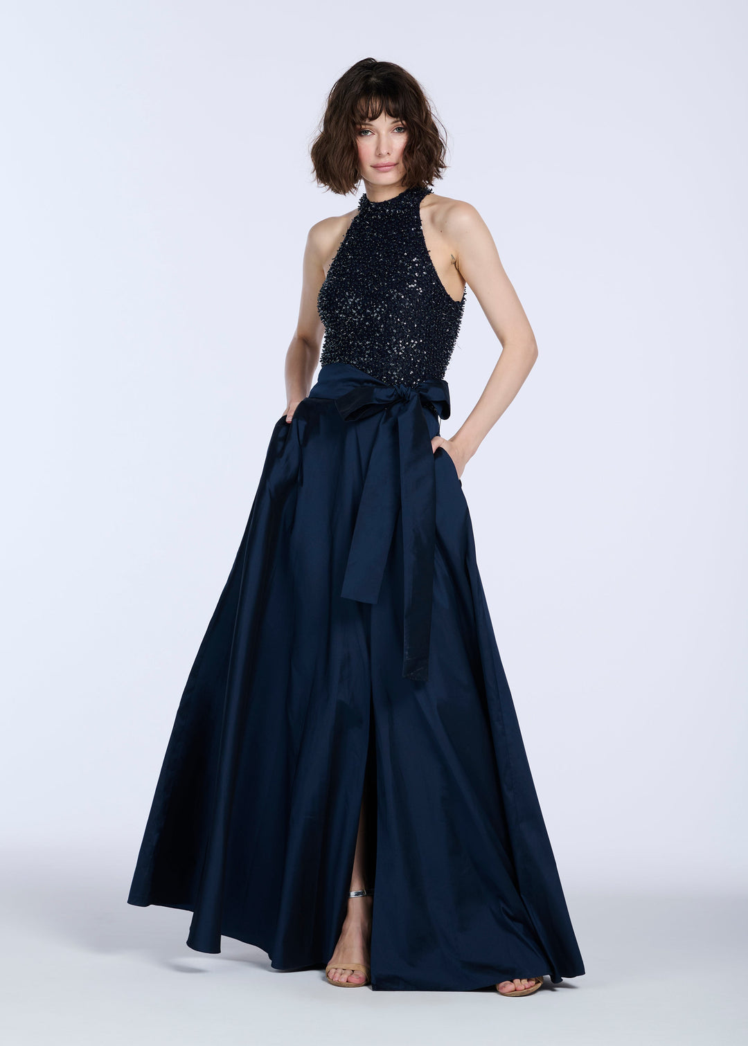 STRETCH GLASS BEADED MOCK NECK GOWN WITH TAFFETA SKIRT NAVY