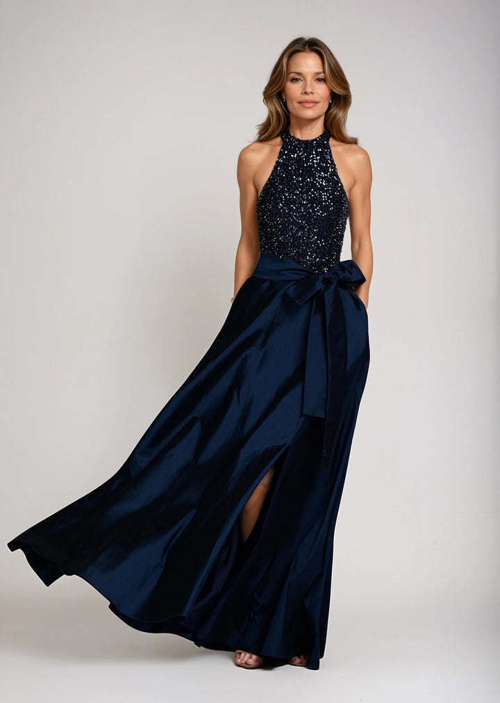STRETCH GLASS BEADED MOCK NECK GOWN WITH TAFFETA SKIRT NAVY