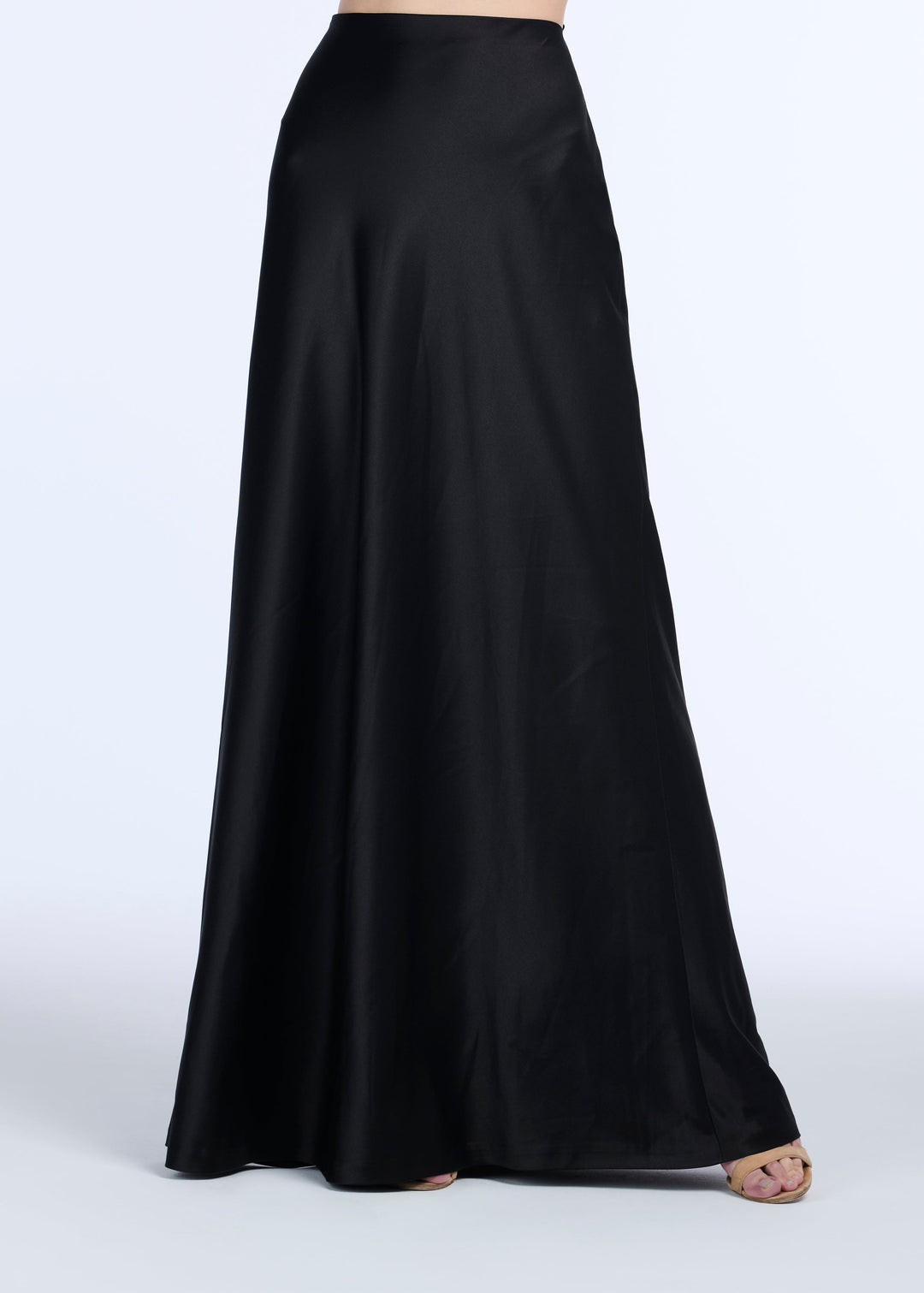 STRETCH SATIN BIAS LONG A-LINE SKIRT - BLACK