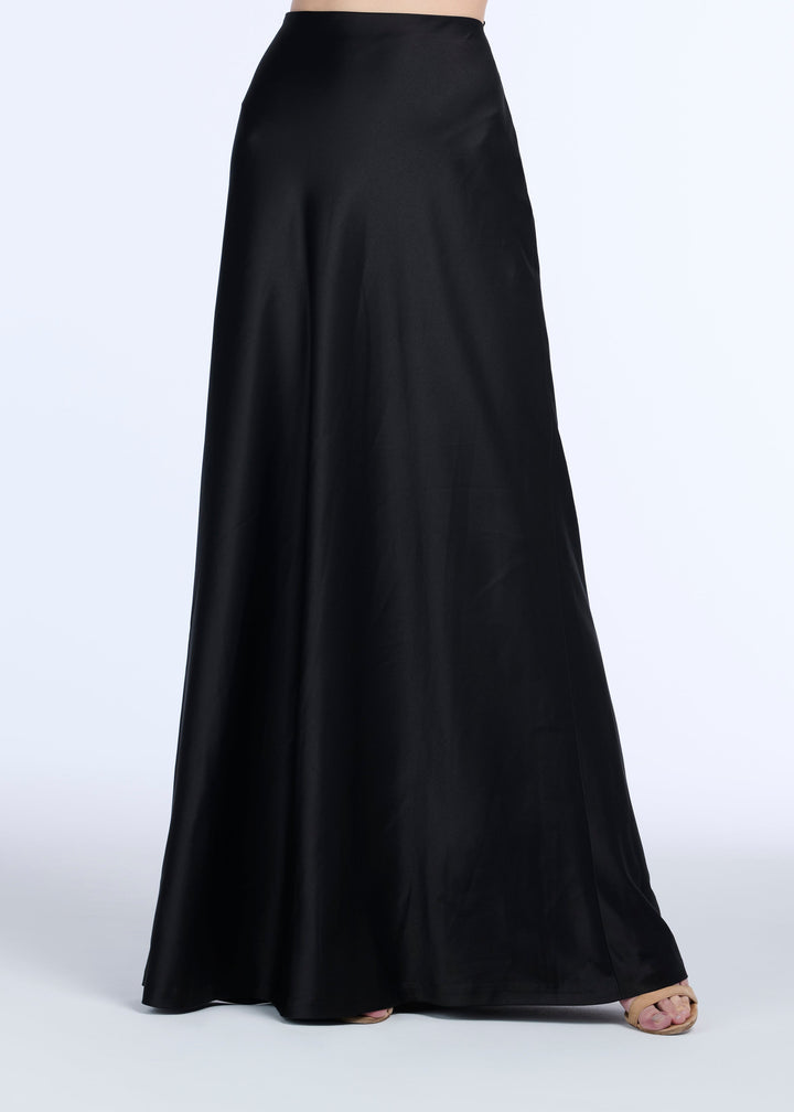 STRETCH SATIN BIAS LONG A-LINE SKIRT - BLACK
