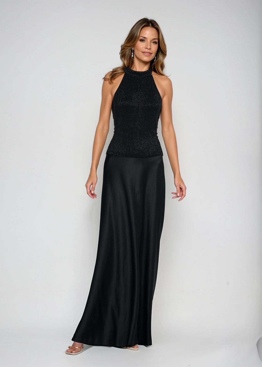PEARL ENCRUSTED SLEEVELESS MOCK NECK - BLACK