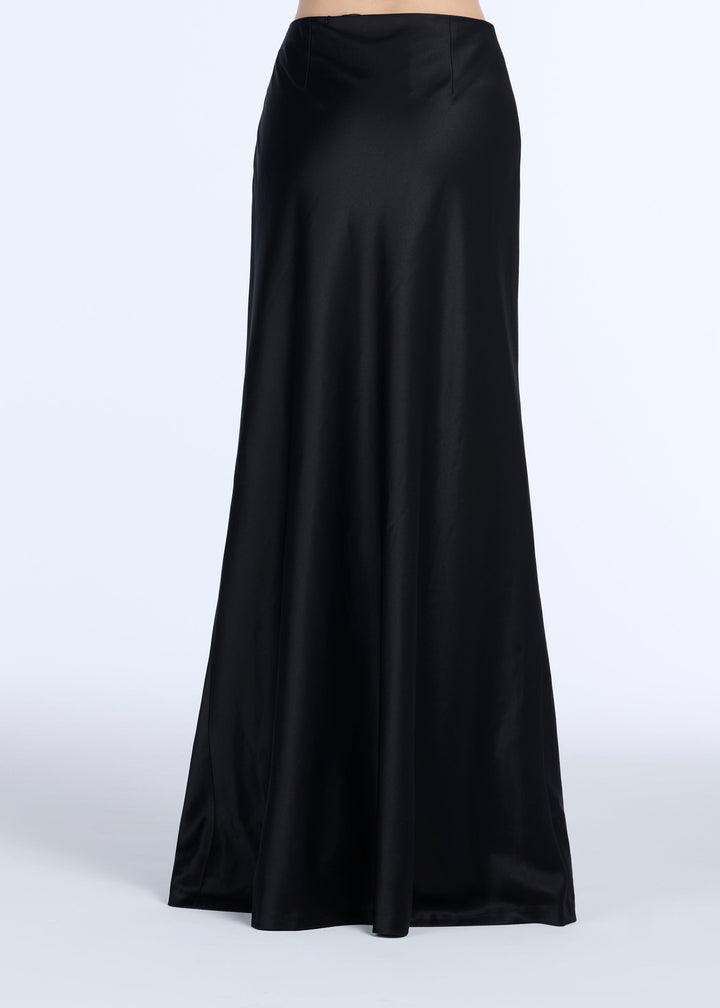 STRETCH SATIN BIAS LONG A-LINE SKIRT - BLACK