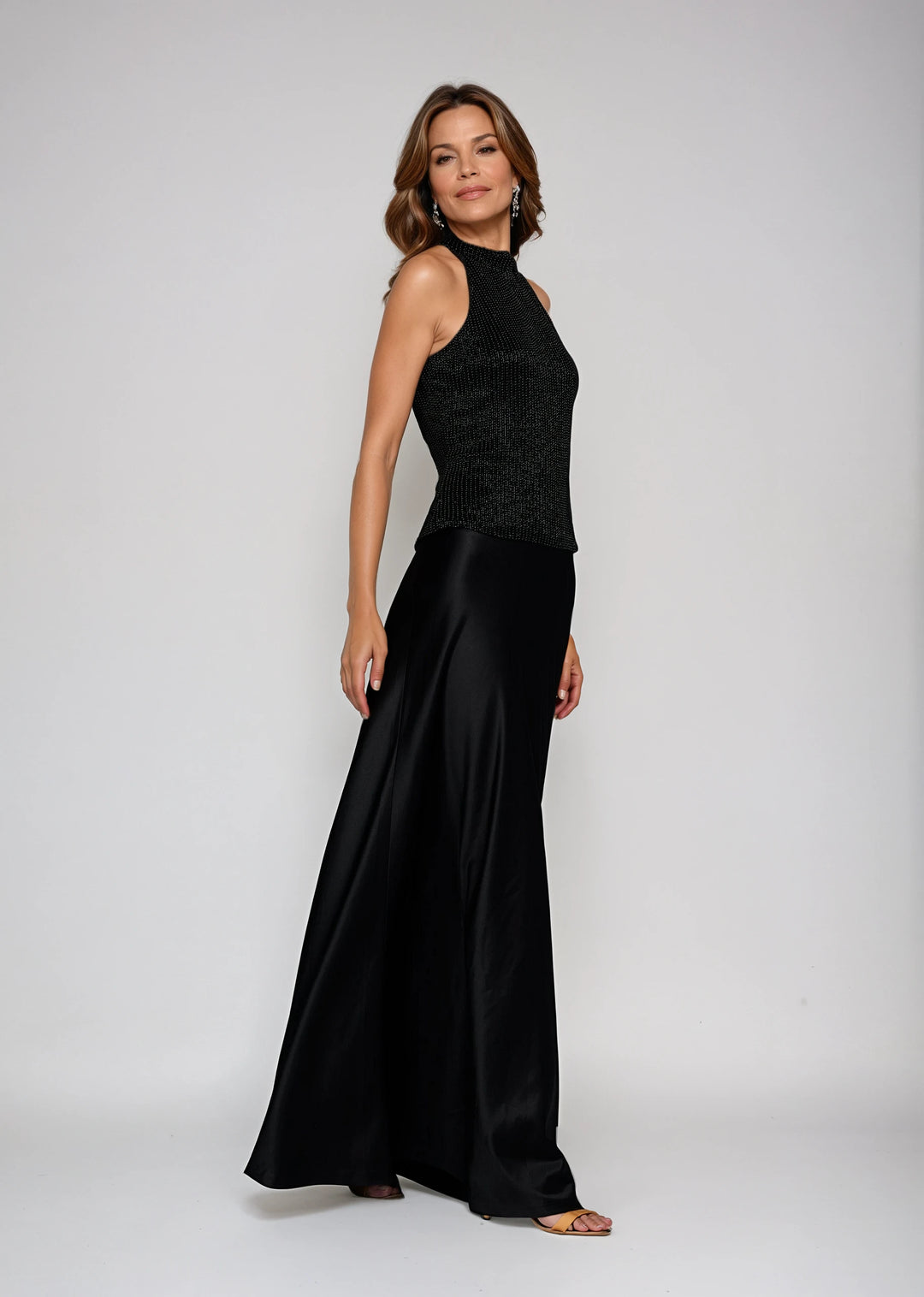 STRETCH SATIN BIAS LONG A-LINE SKIRT - BLACK