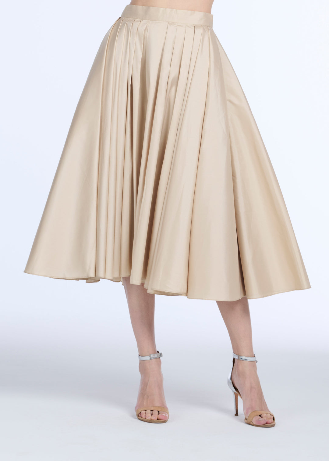 TEA LENGTH PLEATED SOFT TAFFETA MIDI SKIRT CHAMPAGNE