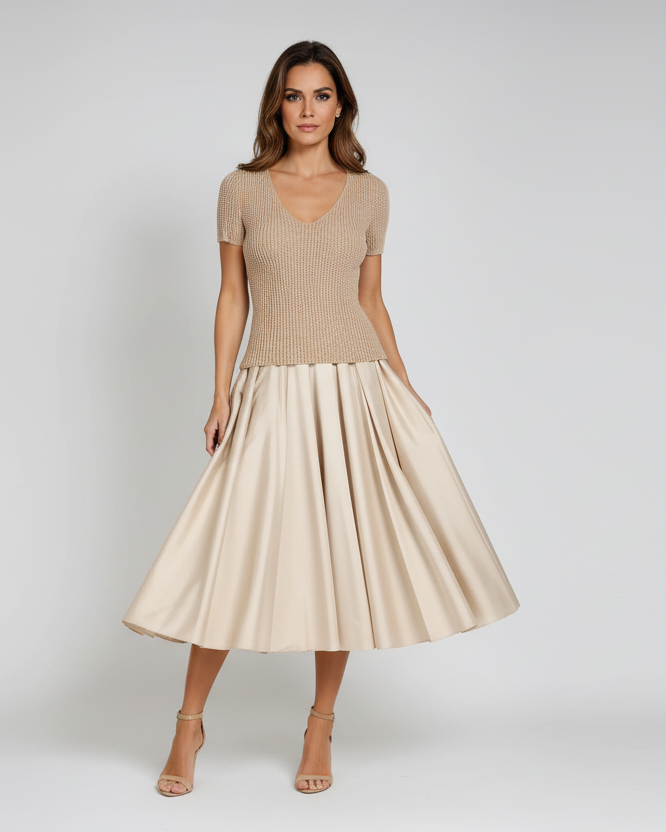 TEA LENGTH PLEATED SOFT TAFFETA MIDI SKIRT CHAMPAGNE