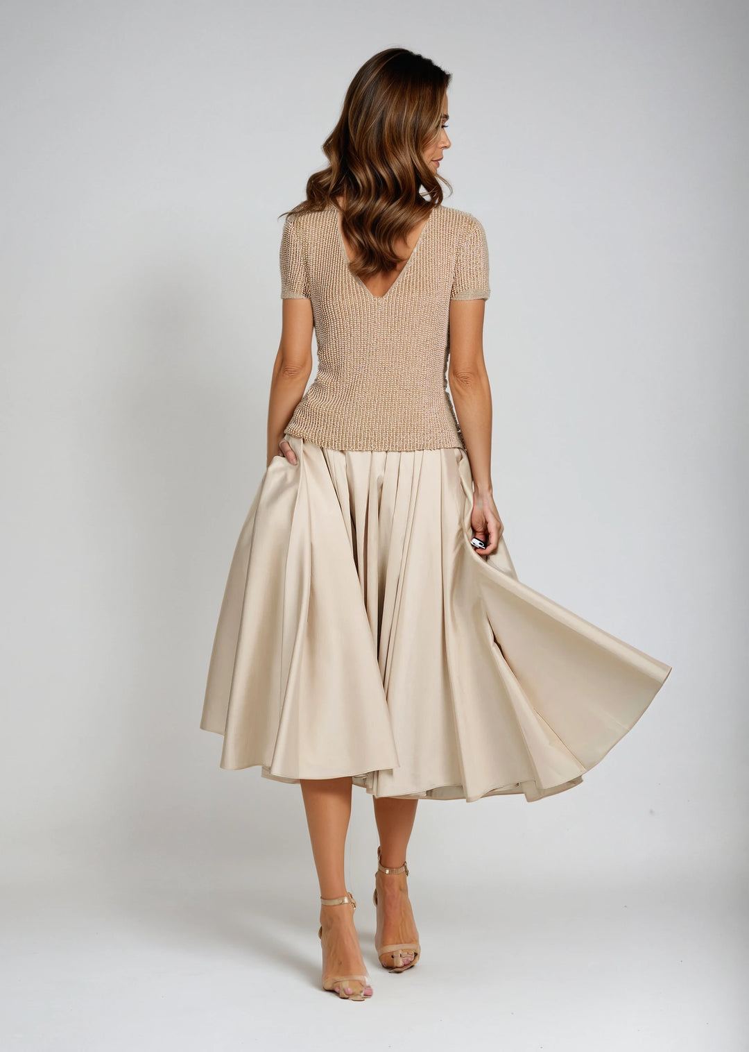 TEA LENGTH PLEATED SOFT TAFFETA MIDI SKIRT CHAMPAGNE