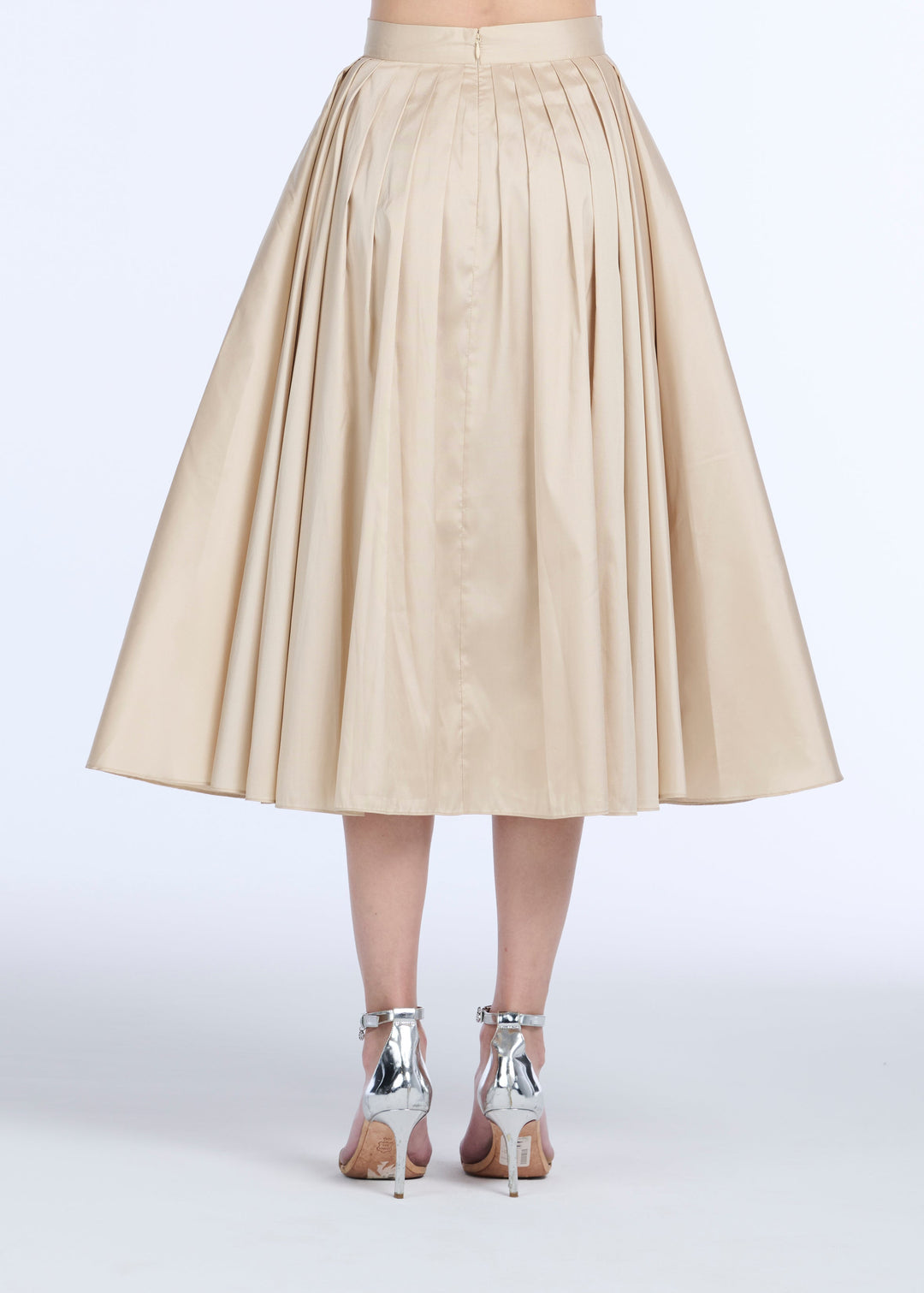 TEA LENGTH PLEATED SOFT TAFFETA MIDI SKIRT CHAMPAGNE