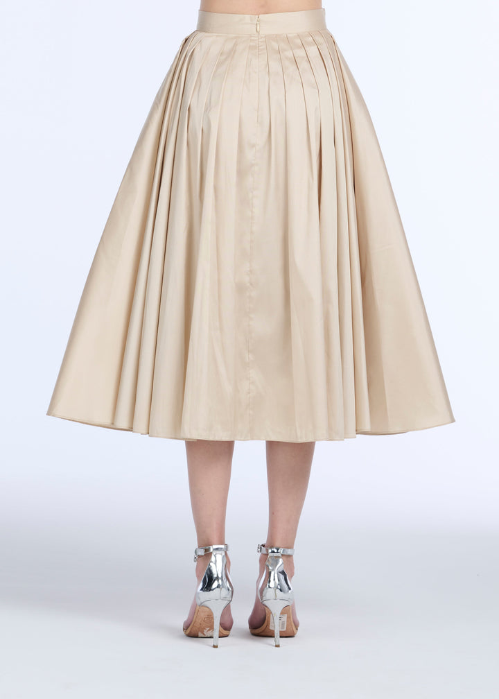 TEA LENGTH PLEATED SOFT TAFFETA MIDI SKIRT CHAMPAGNE