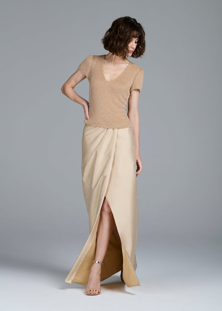 SOFT TAFFETA FAUX WRAP SKIRT CHAMPAGNE