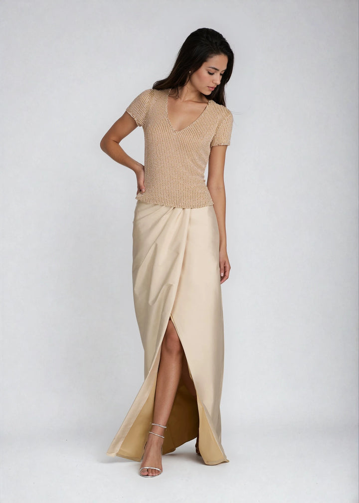 SOFT TAFFETA FAUX WRAP SKIRT CHAMPAGNE