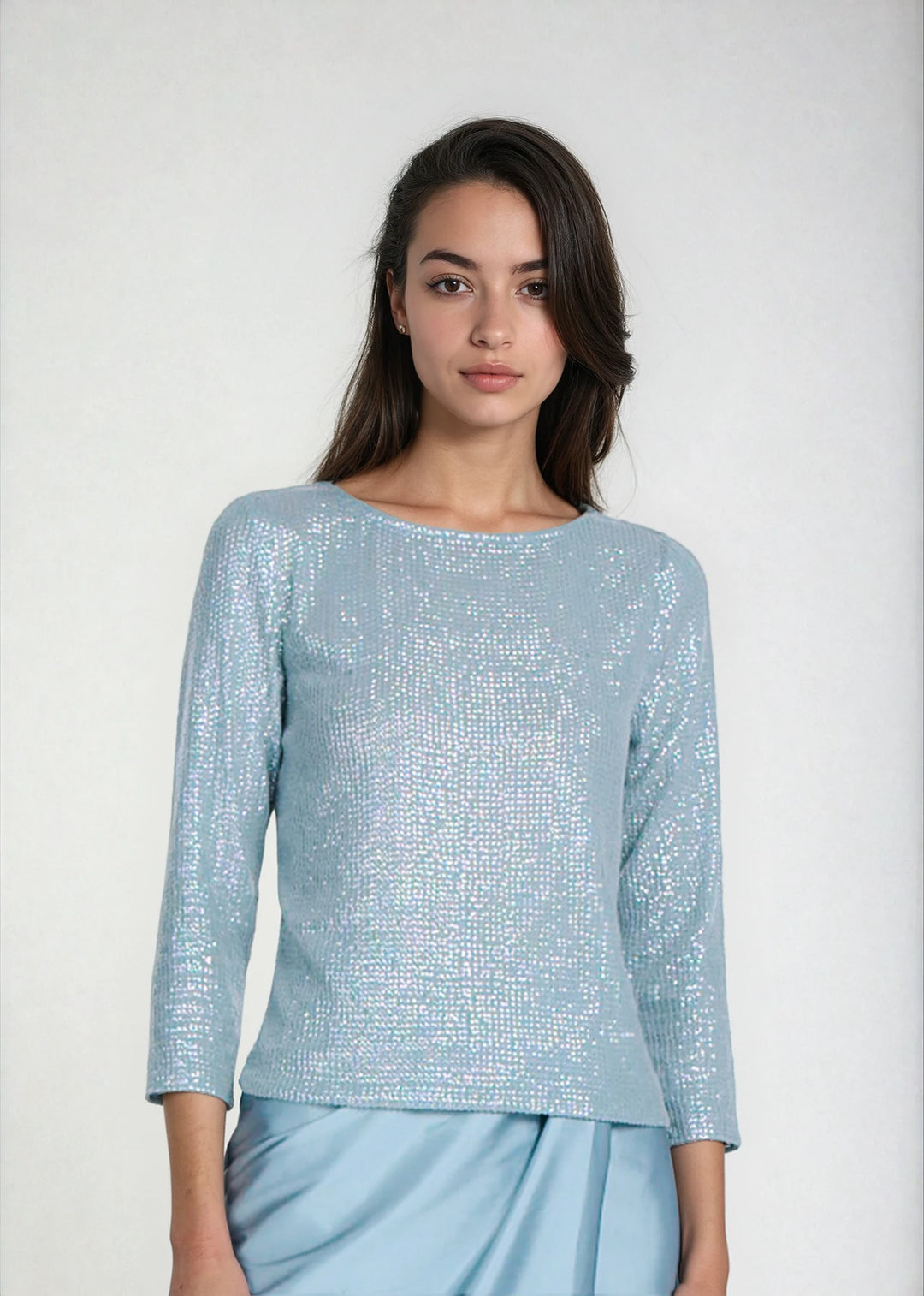 STRETCH SEQUIN 3/4 SLEEVE BALLET NECK TOP LIGHT BLUE