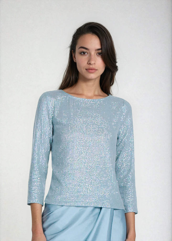 STRETCH SEQUIN 3/4 SLEEVE BALLET NECK TOP LIGHT BLUE