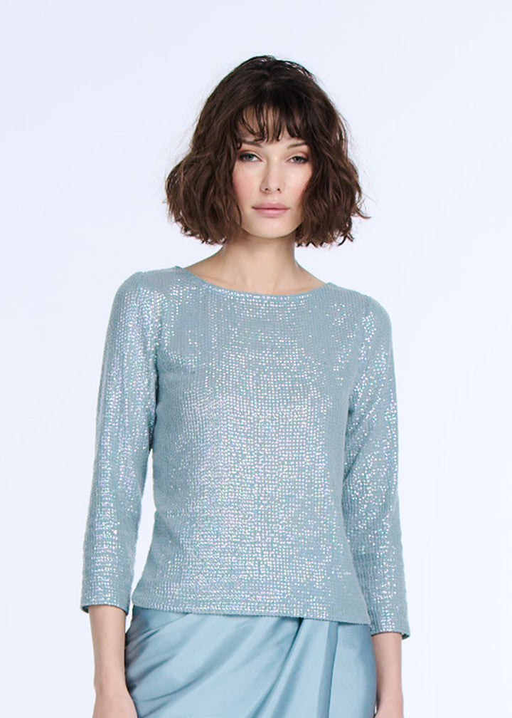 STRETCH SEQUIN 3/4 SLEEVE BALLET NECK TOP SUNTAN