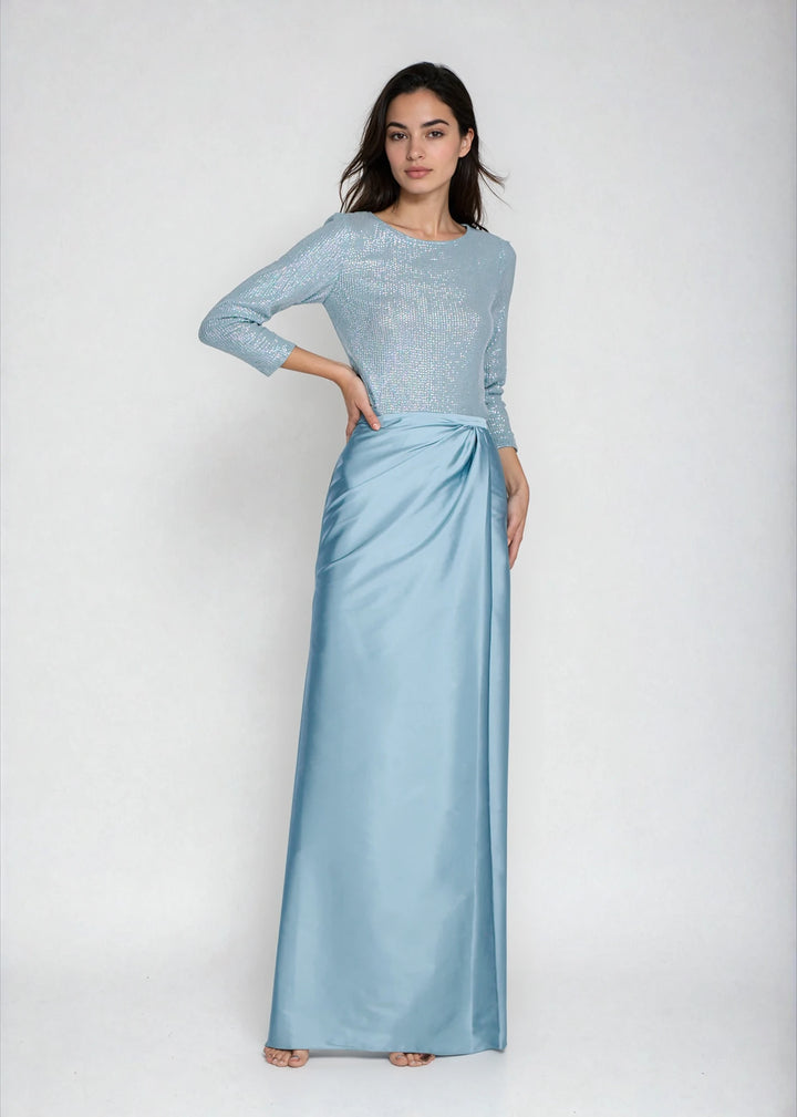 STRETCH SEQUIN 3/4 SLEEVE BALLET NECK TOP LIGHT BLUE