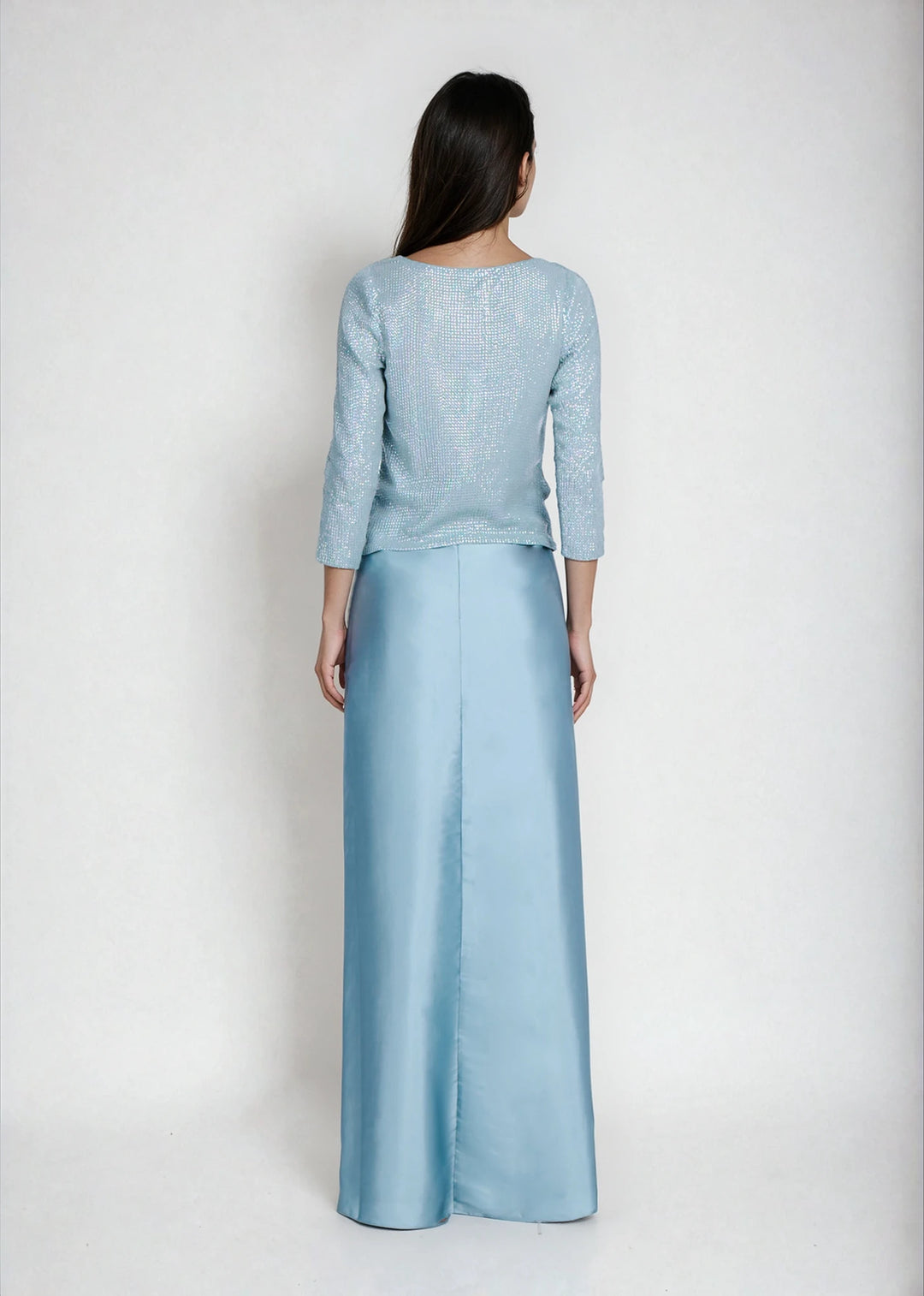 STRETCH SEQUIN 3/4 SLEEVE BALLET NECK TOP LIGHT BLUE