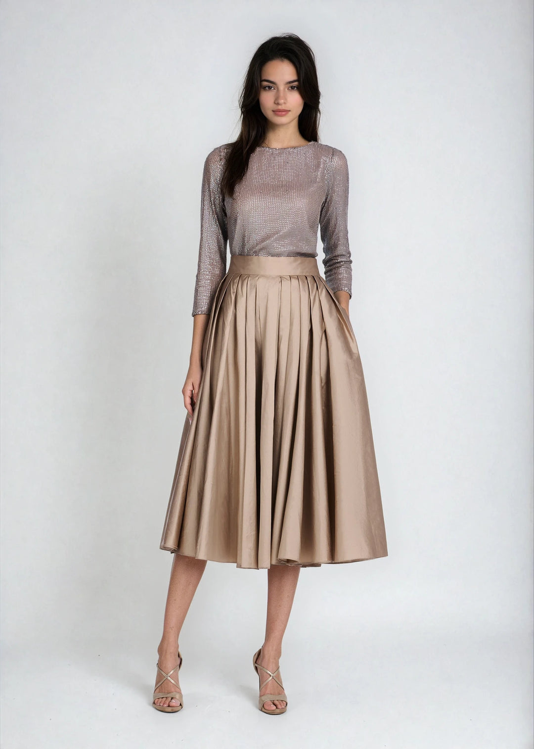 STRETCH SEQUIN 3/4 SLEEVE BALLET NECK TOP SUNTAN