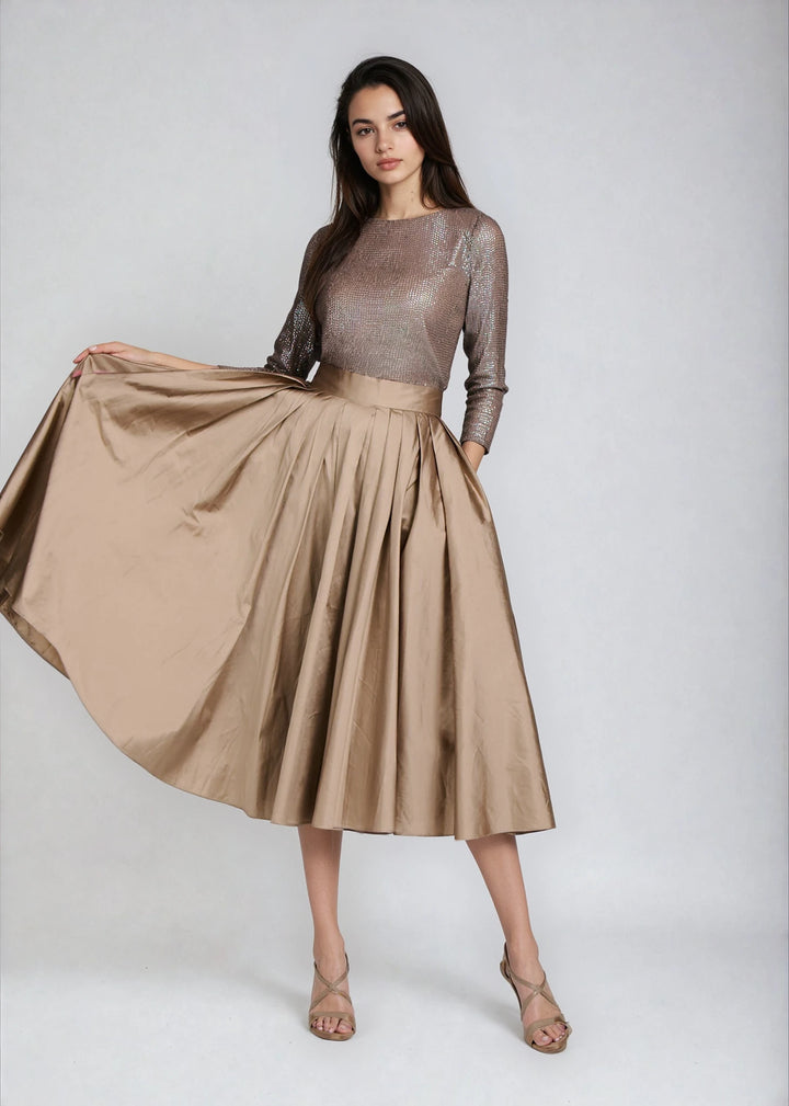 STRETCH SEQUIN 3/4 SLEEVE BALLET NECK TOP SUNTAN