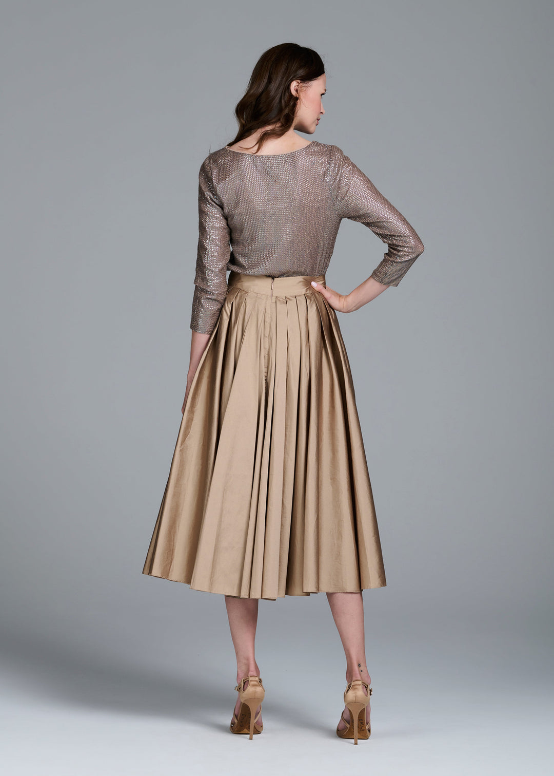 STRETCH SEQUIN 3/4 SLEEVE BALLET NECK TOP SUNTAN