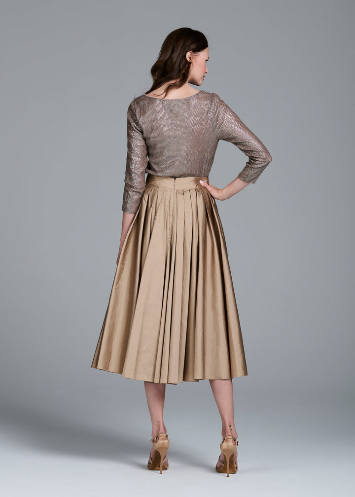 STRETCH SEQUIN 3/4 SLEEVE BALLET NECK TOP SUNTAN