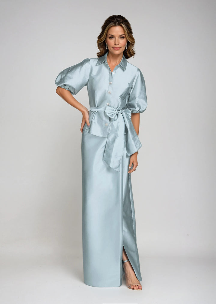 SOFT TAFFETA FAUX WRAP SKIRT LIGHT BLUE