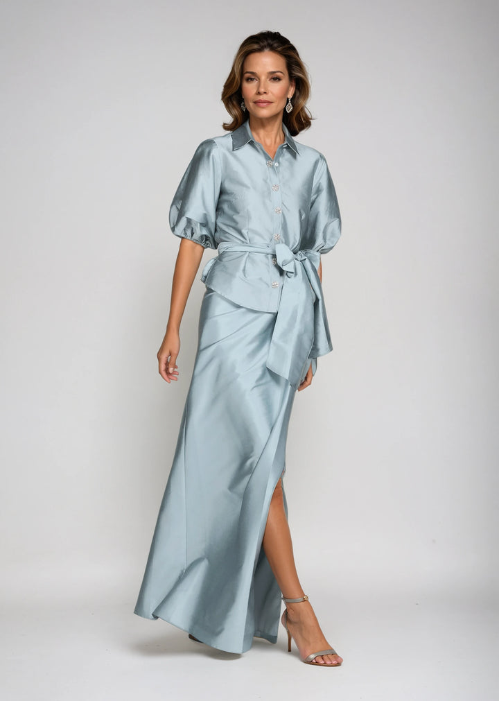 SOFT TAFFETA FAUX WRAP SKIRT LIGHT BLUE