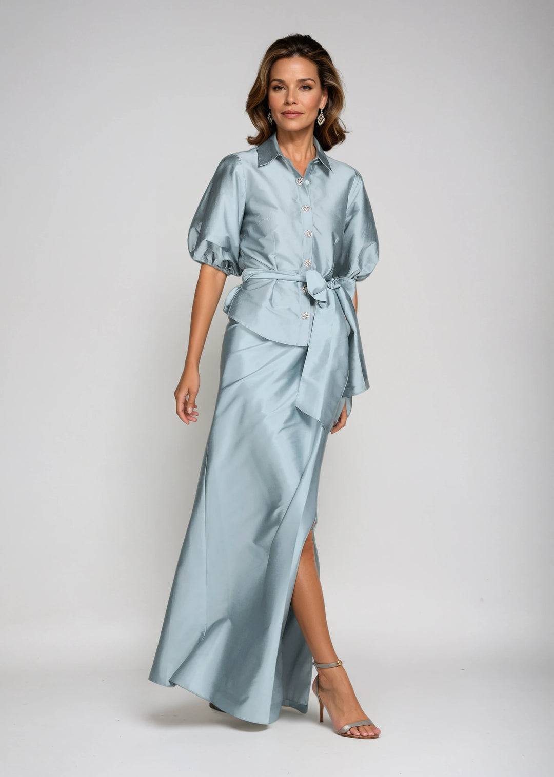 SOFT TAFFETA FAUX WRAP SKIRT LIGHT BLUE