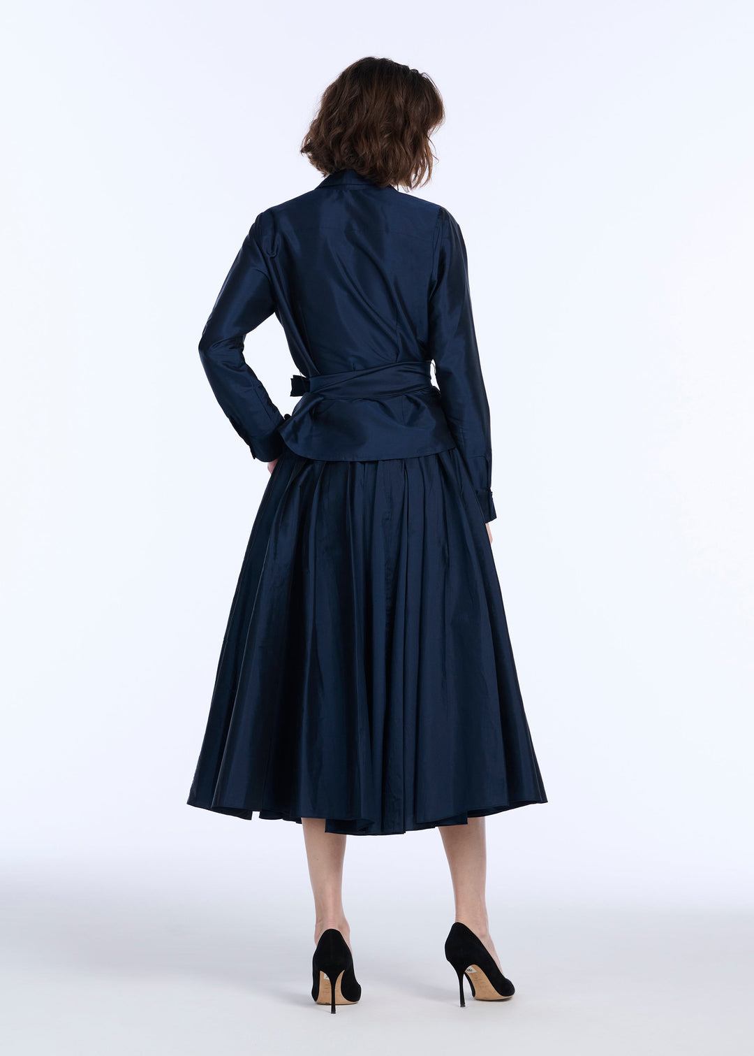 TEA LENGTH PLEATED SOFT TAFFETA MIDI SKIRT NAVY