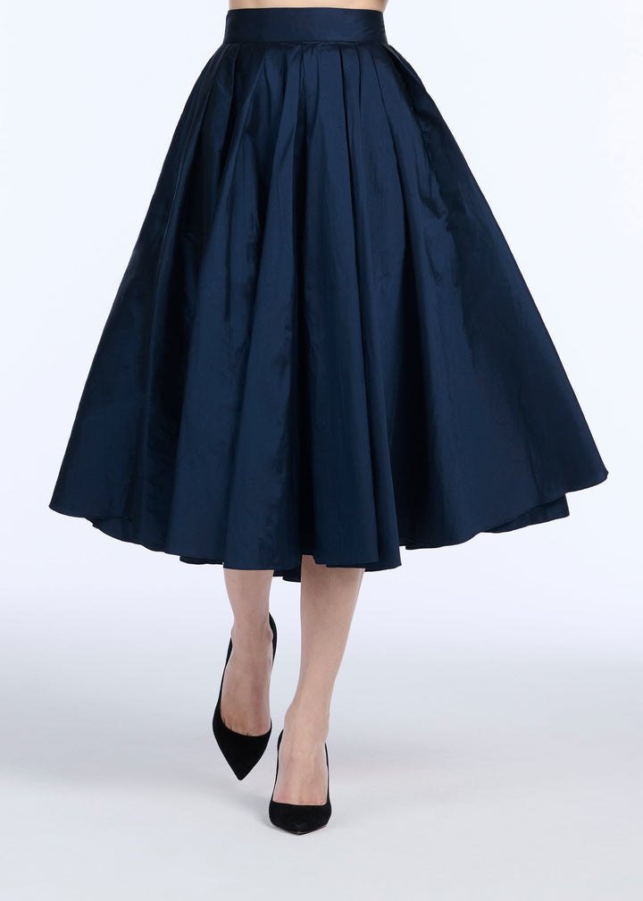 TEA LENGTH PLEATED SOFT TAFFETA MIDI SKIRT NAVY