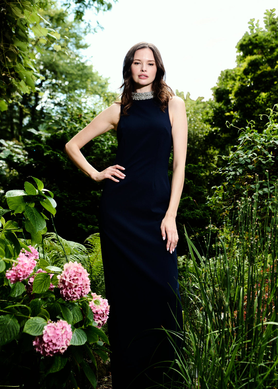 BRAIDED CRYSTAL MOCK NECK STRETCH CREPE GOWN MIDNIGHT