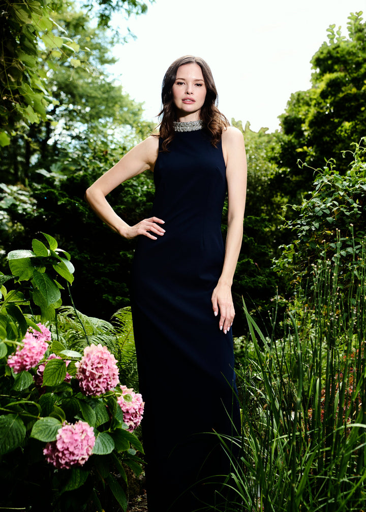 BRAIDED CRYSTAL MOCK NECK STRETCH CREPE GOWN MIDNIGHT