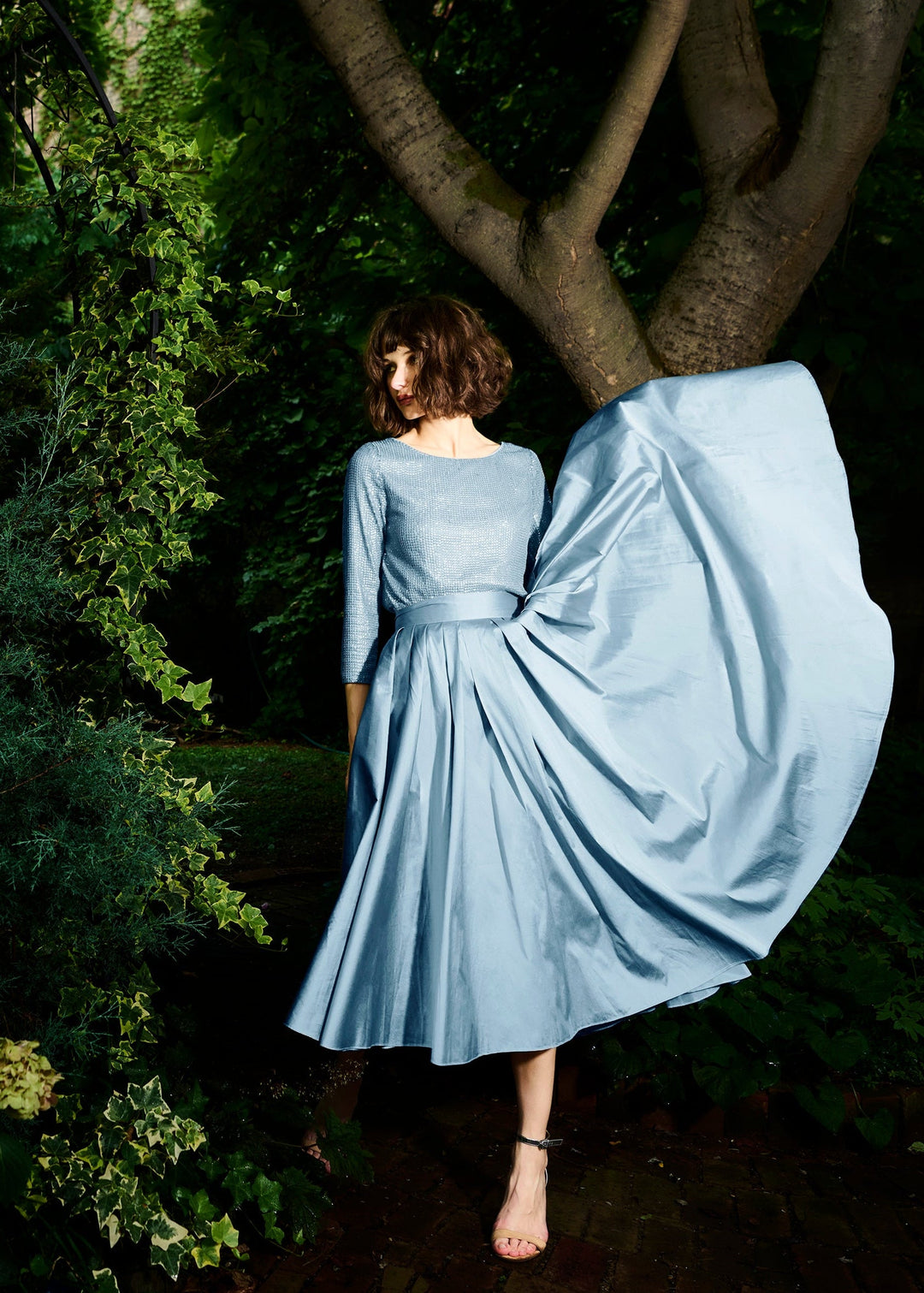 STRETCH SEQUIN 3/4 SLEEVE BALLET NECK TOP SUNTAN