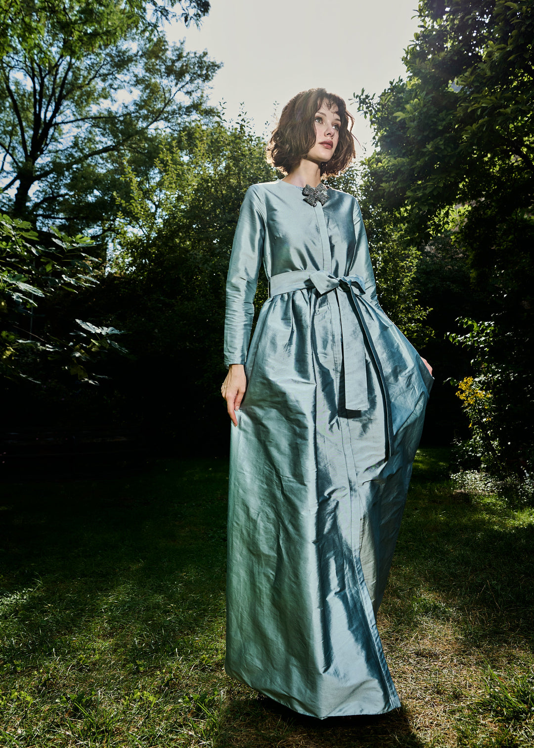 TAFFETA PRINCESS GOWN WITH CRYSTAL BOW LIGHT BLUE